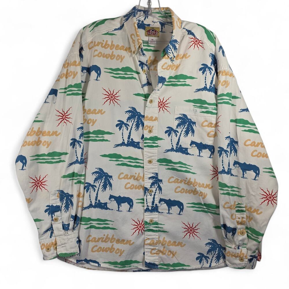Barn Fly Button Up Mens Medium White Caribbean Cowboy Western Tropical‎ Shirt